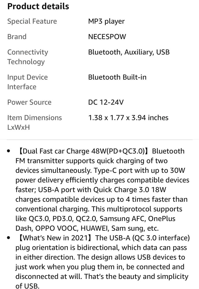 Bluetooth 5.0 Car Wireless FM Transmitter Adapter 2 USB PD Charger AUX