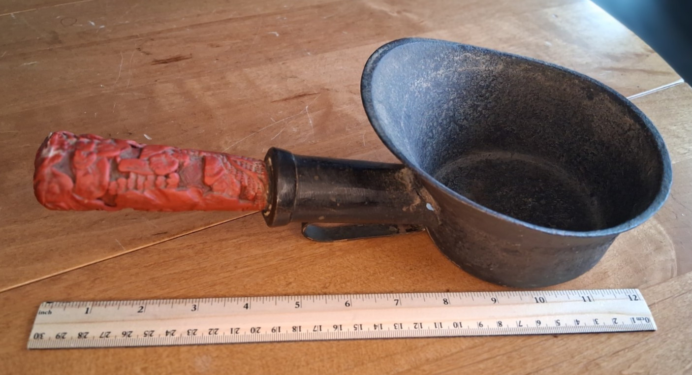 Antique 12" Big Chinese Bronze Silk Iron w/ Carved Cinnabar Handle, Hole Shown