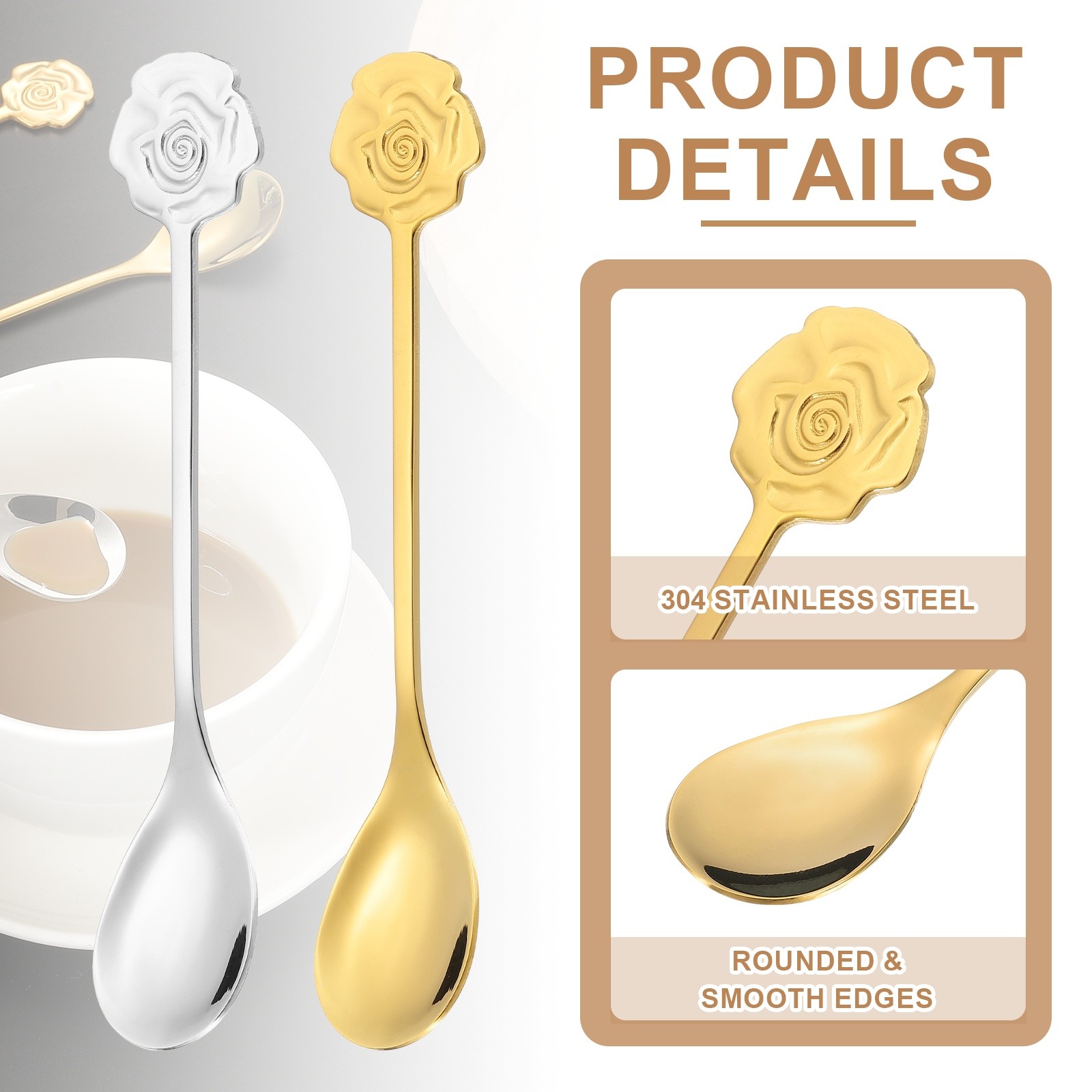 6pcs Coffee Spoons, Rose Tea Spoons Stainless Steel, Gold