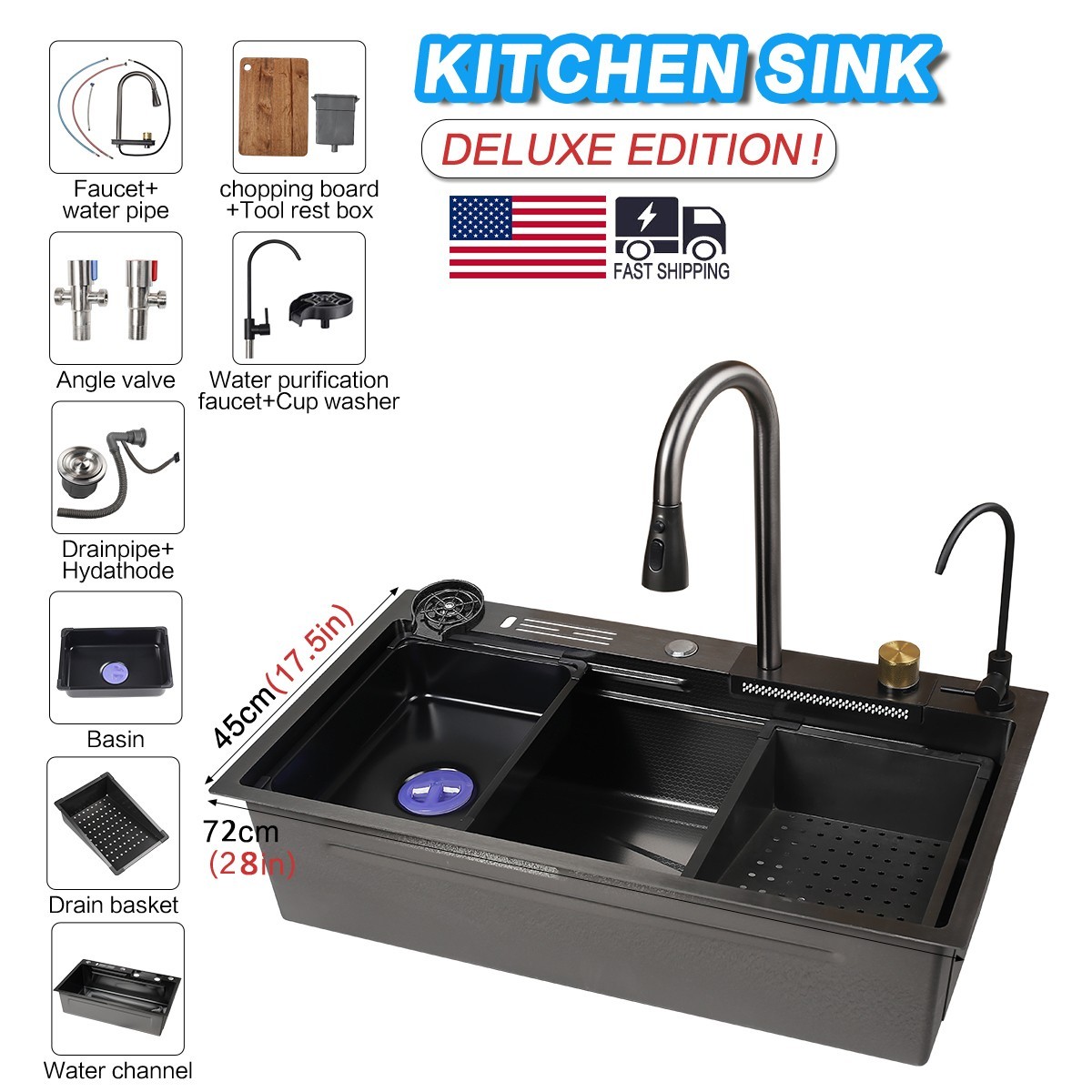 28x17 Flying Rain Stainless Steel Waterfall Kitchen Sink with Faucet Single Bowl