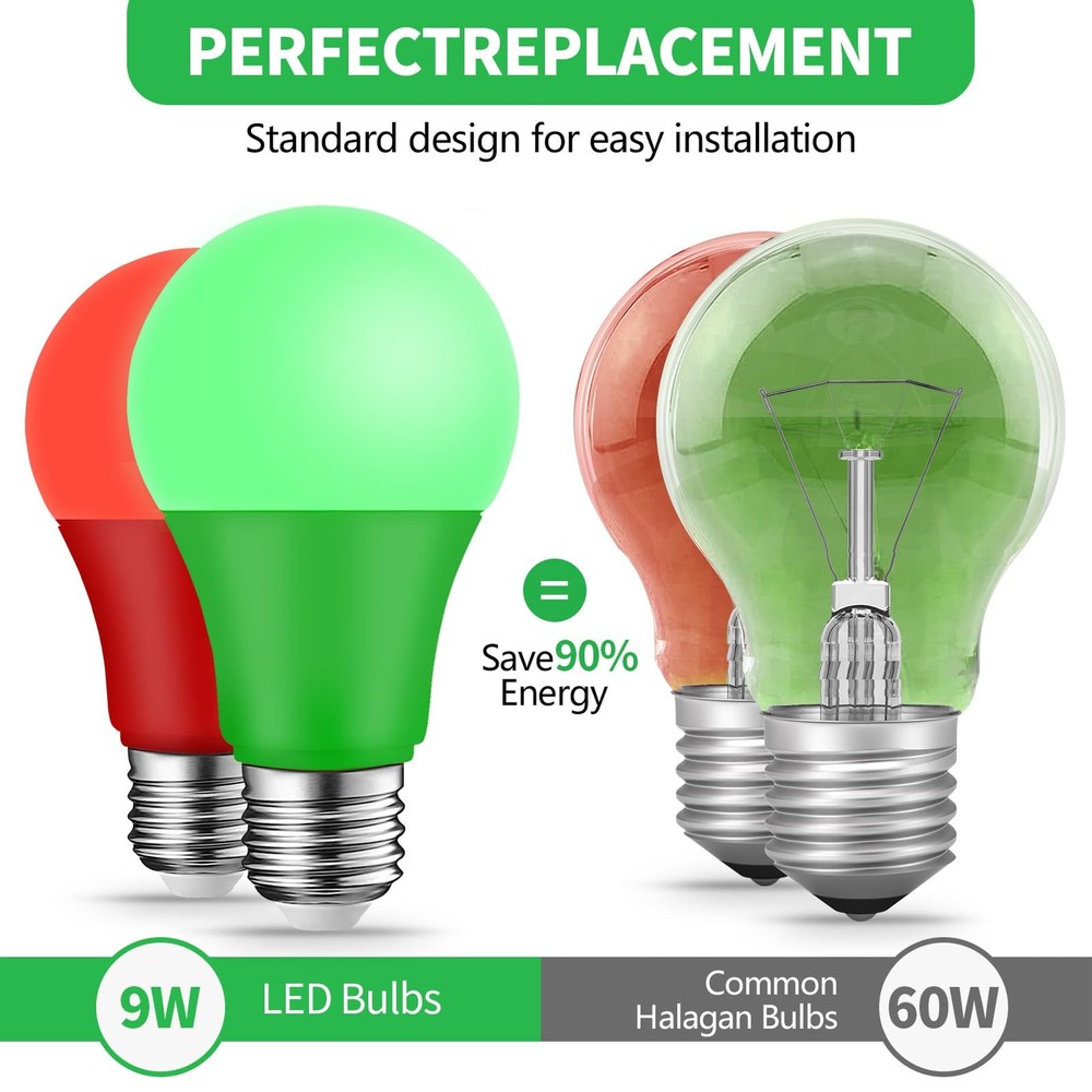 KQHBEN Red Green Light Bulbs - [ 4 Pack ]- 9W（60W Equivalent） E26 Base LED Co...