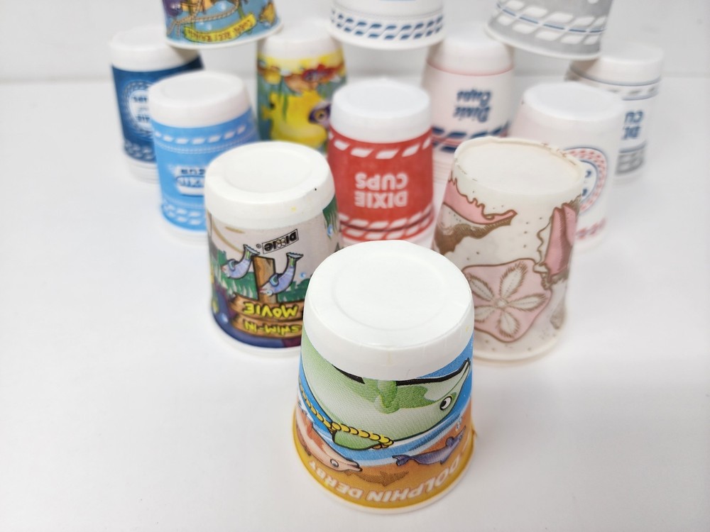 38 Vintage Dixie Cups 3 oz Various Designs Seashell Fish Logo