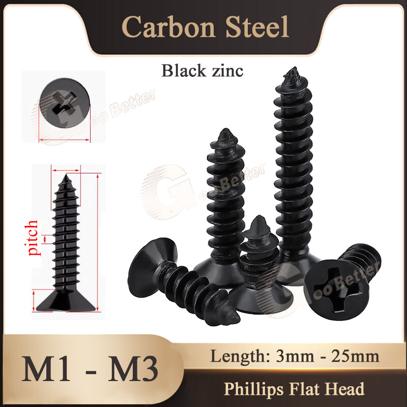 Small Tapping Screws Mini Phillips Flat Countersunk Head Black M1-M3 Sheet Metal