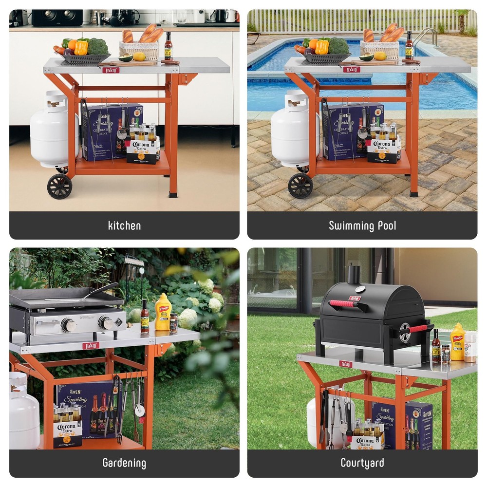 Movable Grill Table with Folding Side Table, Pizza Oven Table as BBQ Food Pre...