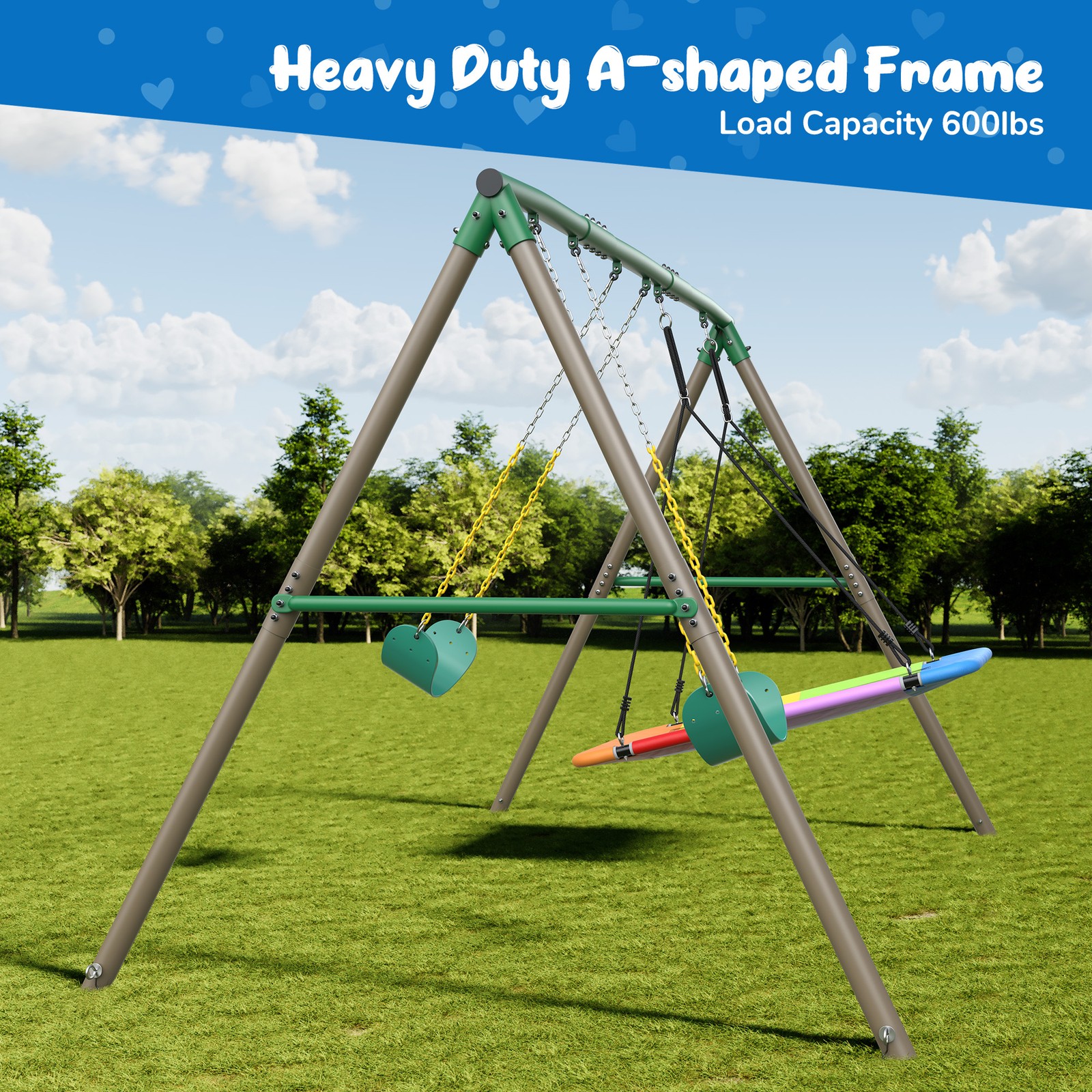 600lb 7.3ft Tall Heavy Duty Metal Swing Set with 3 Swings Kids Outdoor Swing Set