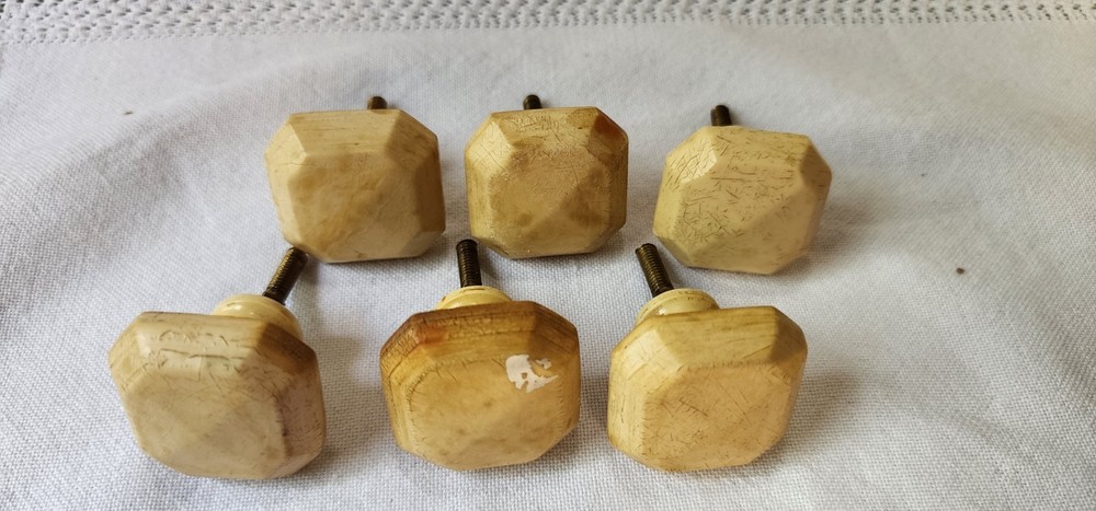 Reclaimed lot of 6 Bakelite Plastic Bone ? knobs hardware Deco drawer pull LOT24
