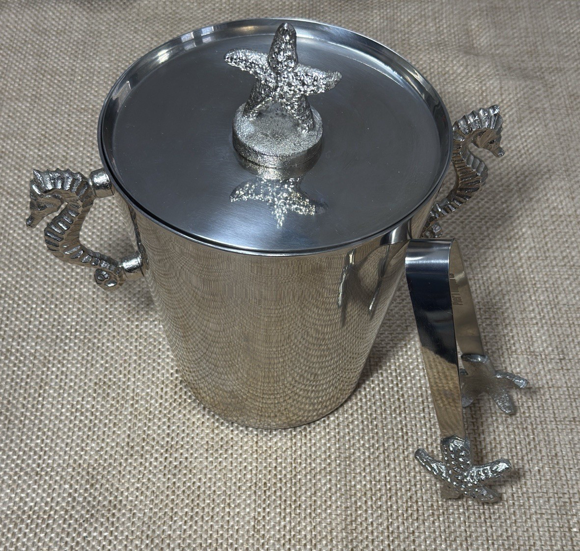 Pier 1 Starfish Ice Bucket Seahorse Stainless Steel Lid Ice Tongs Coastal Decor