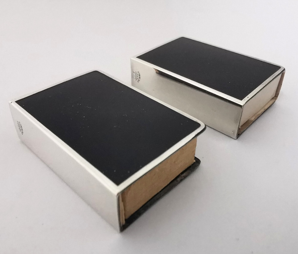 Pair Of Solid Silver & Enamel Match Box Holders.