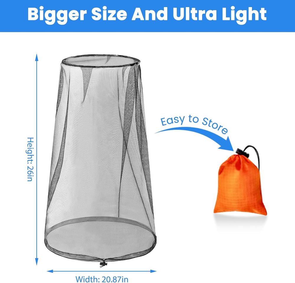 2 Pack Mosquito Head Nets with Drawstring, Premium Bug Net for Head, Universal