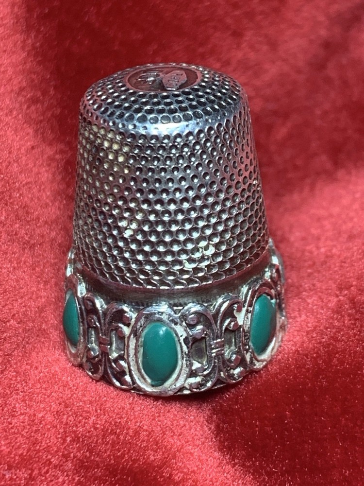 Antique 800 Silver Thimble w/ Green Cabochons