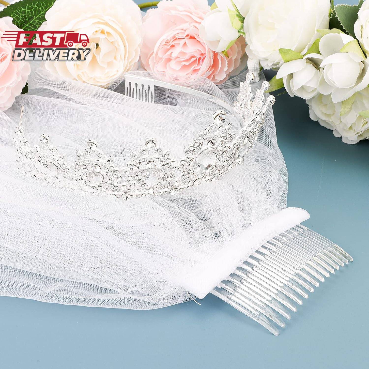 Casoty Bridal Tiara with Veil, Bridal Veils and Headpieces, Wedding Bridal Veil