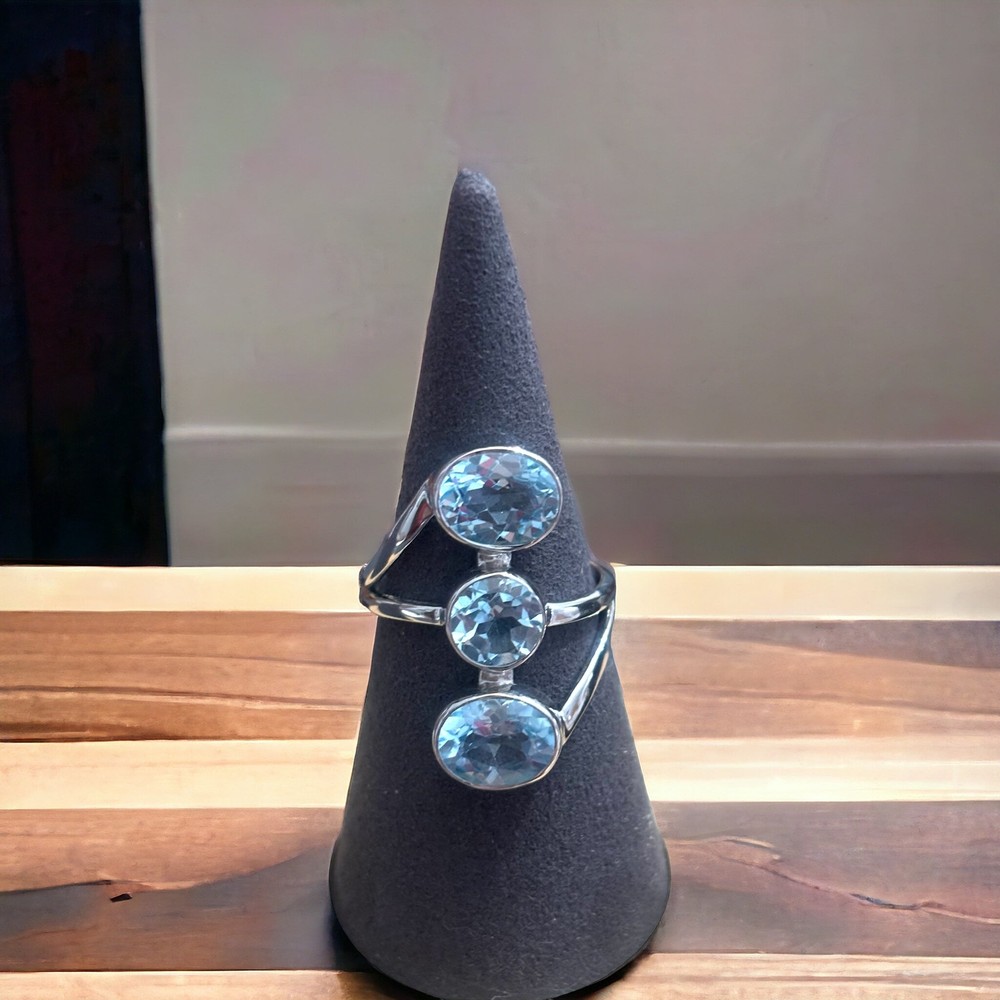 Blue Topaz 925 Sterling Silver Three Stone Ring
