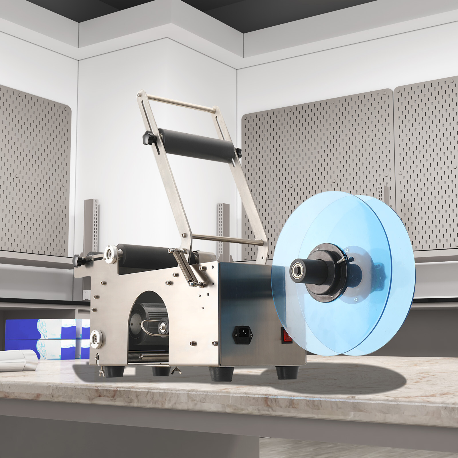 Semi-Automatic Round Bottle Labeling Machine, φ0.6-4.7" Adjustable Labeler