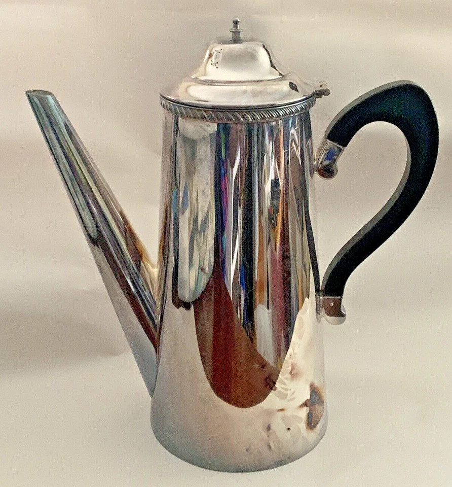 Mid Century Modern Sheffield Silverplate Coffee Pot Sculptural Black Handle MCM