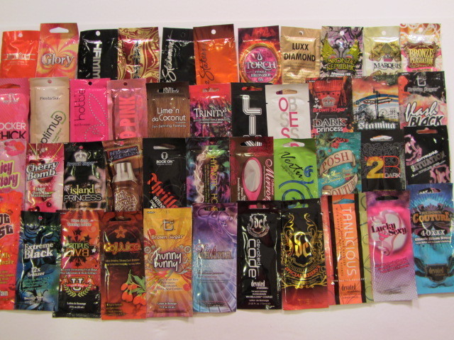 LOT of 5 VARIOUS (ALL DIFFERENT) Tanning Lotion SAMPLE Packets