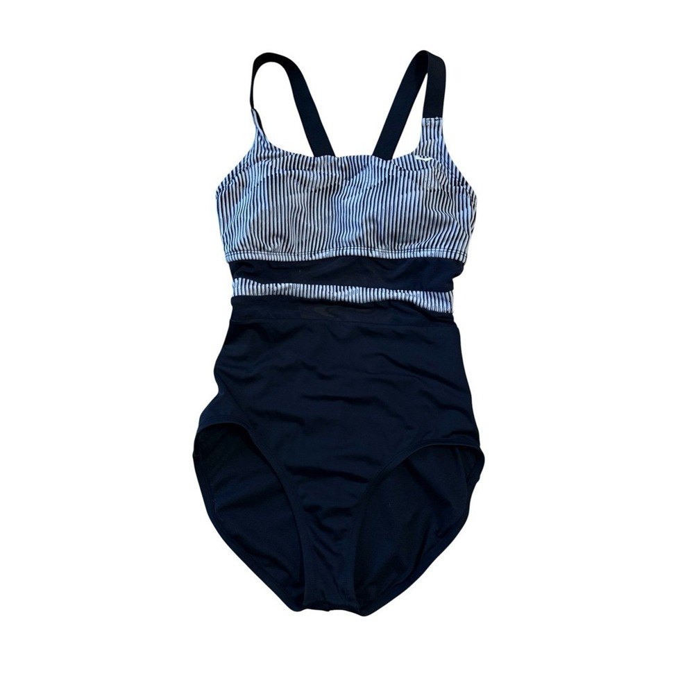 Nike Mesh Solid Edge V-Back One Piece Swimsuit Black Striped Medium Athletic