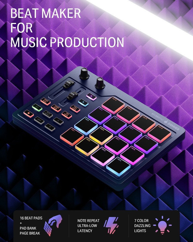 Donner STARRYPAD Beat Maker 16 Pads 40 Courses USB MIDI Blue