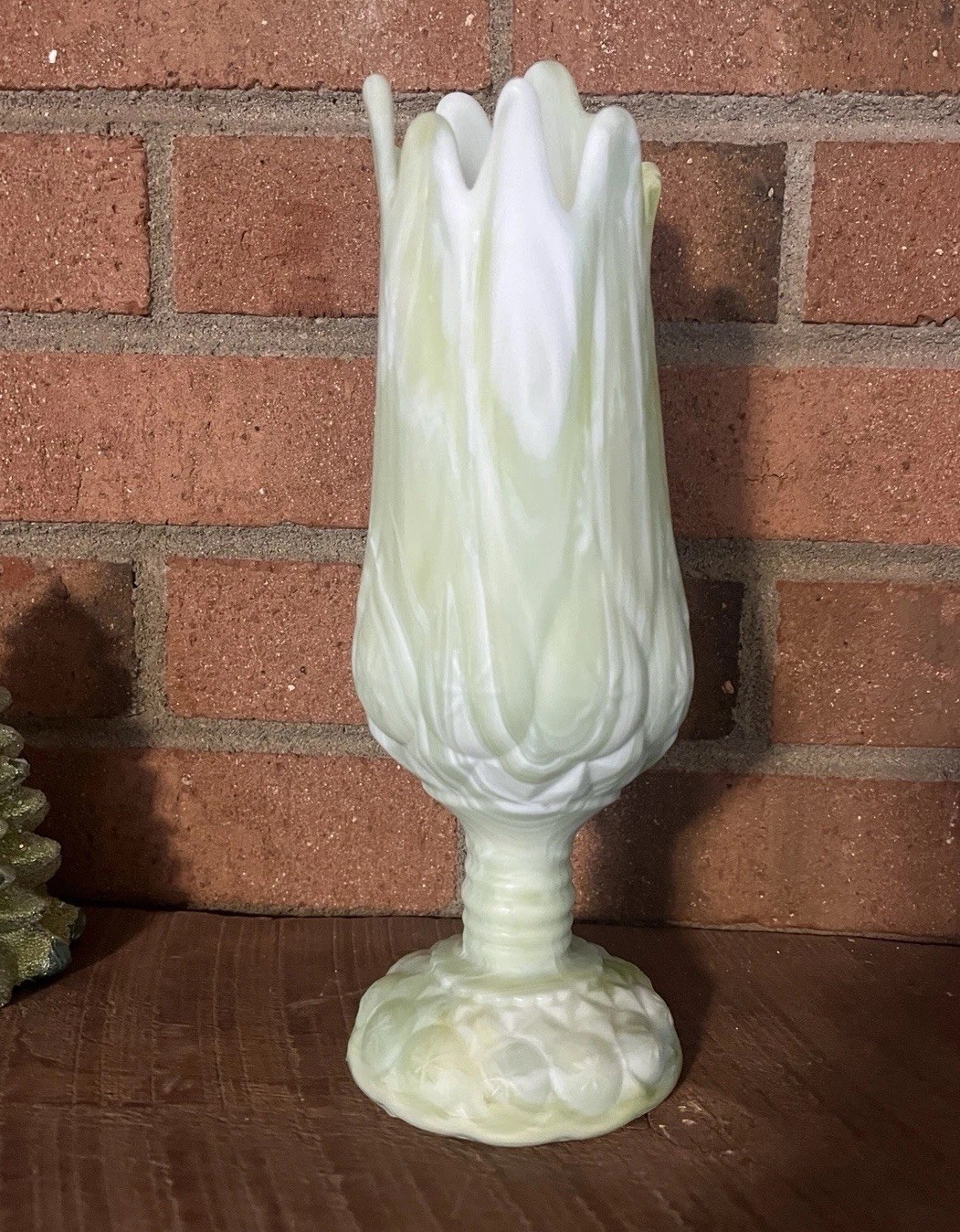 Kanawha Moon And Stars Green Slag Glass Swung Vase End Of Day ~ Rare