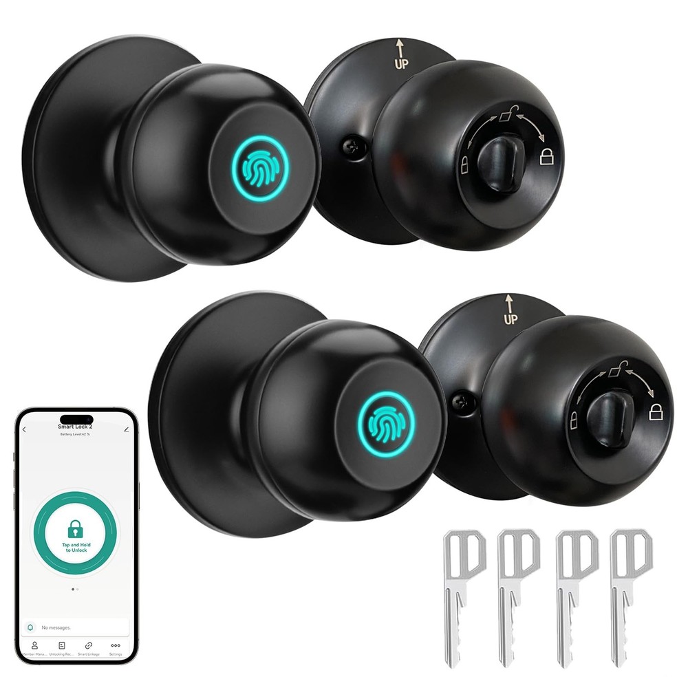 JO.KO 2 Pack Fingerprint Door Lock, Biometric with App Control & Key, Smart D...