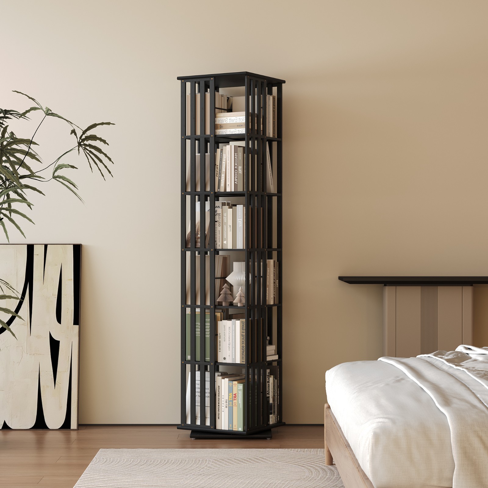 6-Tier Bamboo Rotating Bookcase Tower, 360° Swivel Bookshelf with Floor Storage