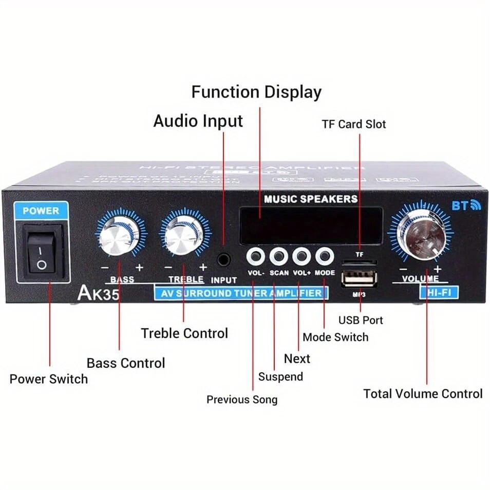Stereo Amplifier Home Audio Bluetooth 2.0 Max 200W Power Stereo Receiver AK35