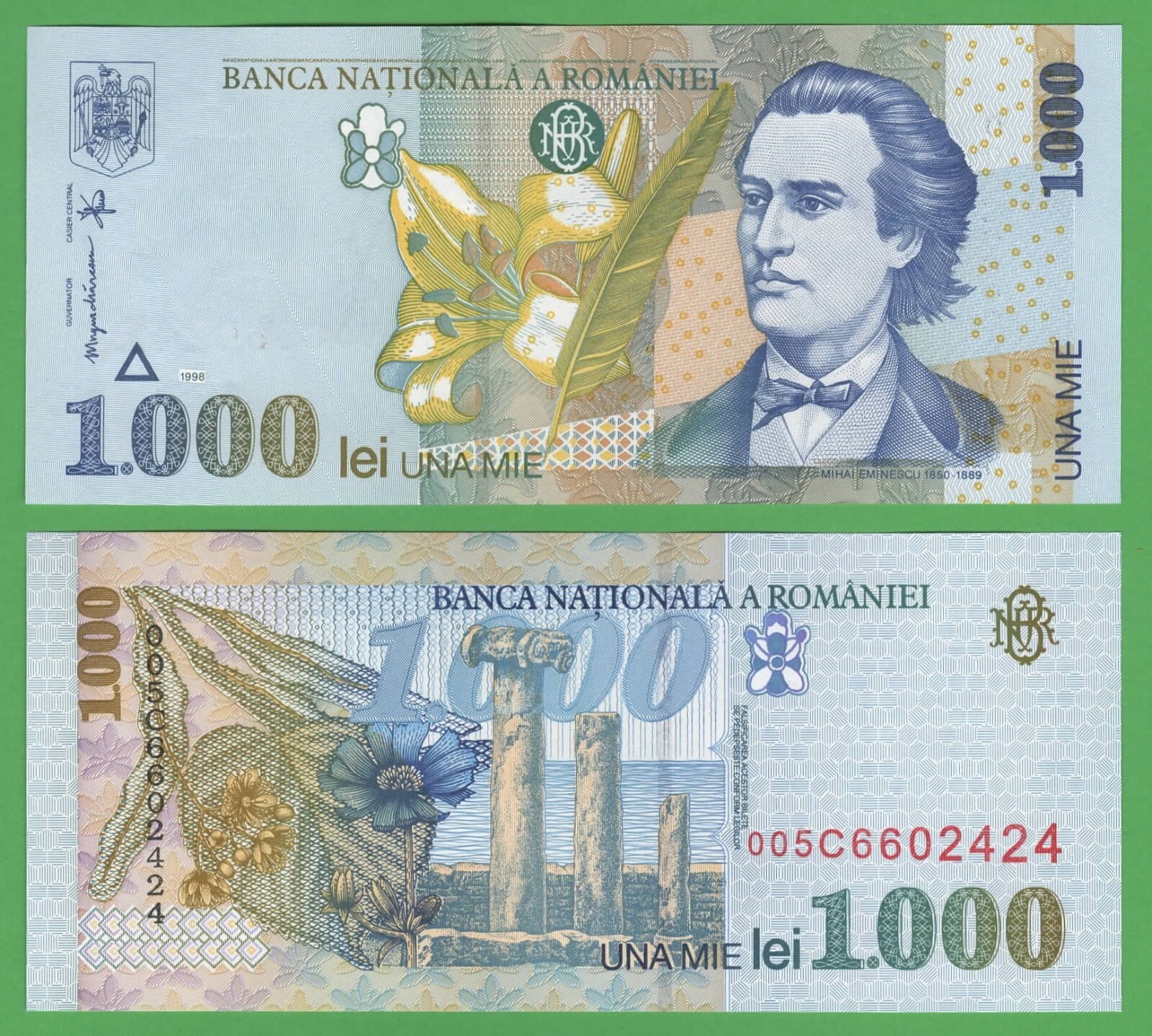 Set of 2 Romania 1000 and 5000 Leu Banknotes, 1998 P-106 P-107 Uncirculated