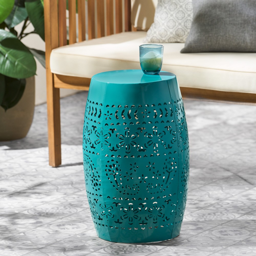 Home Ruby Outdoor 12" Iron Side Table, Teal