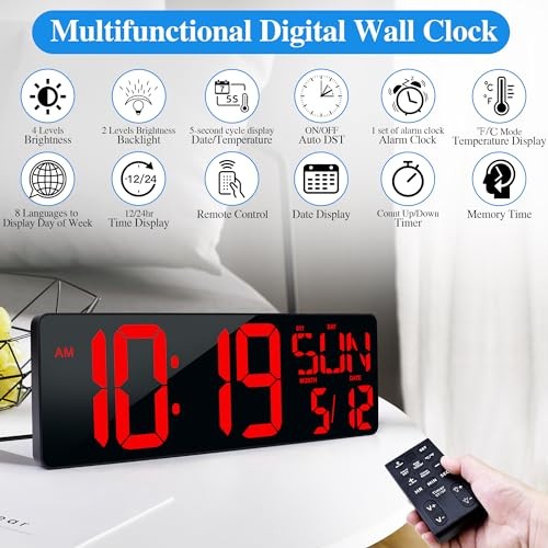Large Digital Wall Clock with Remote Control 17.2" LED Large Display 17.2in Red
