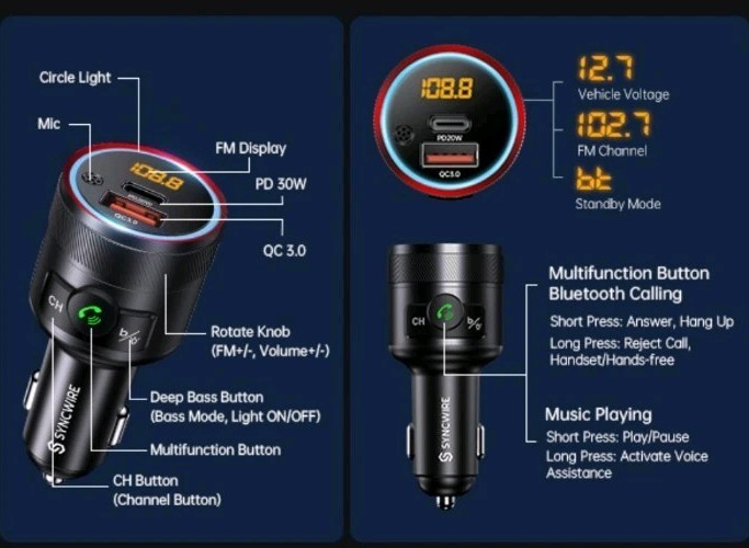 Syncwire Bluetooth 5.4 FM Transmitter For Car 38W PD & QC 3.0 Dual USB Black New