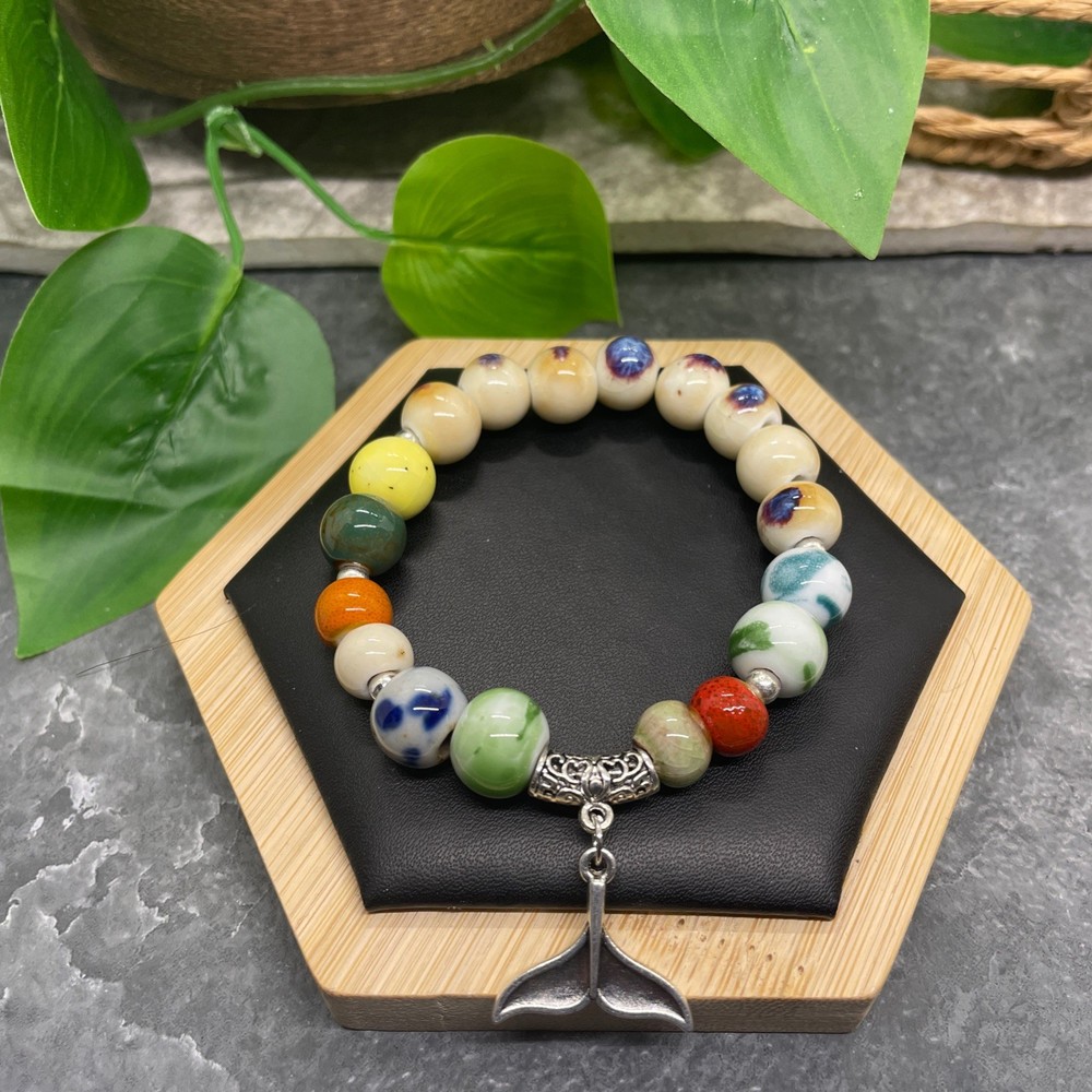 Handmade Ceramic Bead Beaded Stackable 6.5” Plus Stretch Bracelet New B491