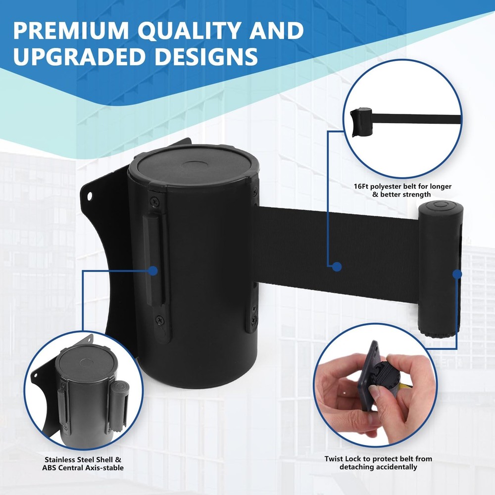 Wall Mount Retractable Belt Barrier 2 Pack, TrreZon 16‘ - 2 Black