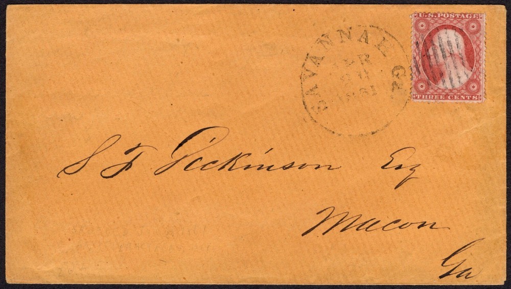 U.S. #26 Used in Confederacy, Savannah, Ga APR 24, 1861 to Macon, Ga