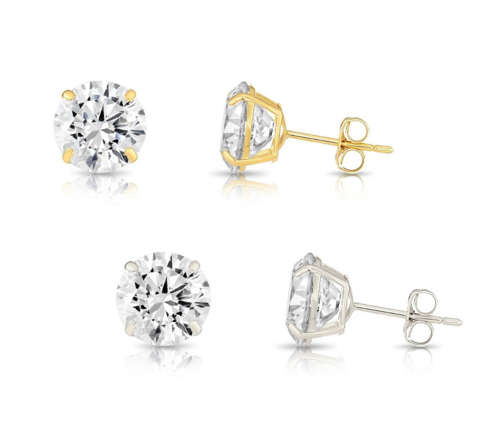 14K Solid Yellow or White Gold Round CZ Stud Earrings Basket Setting 2-10mm