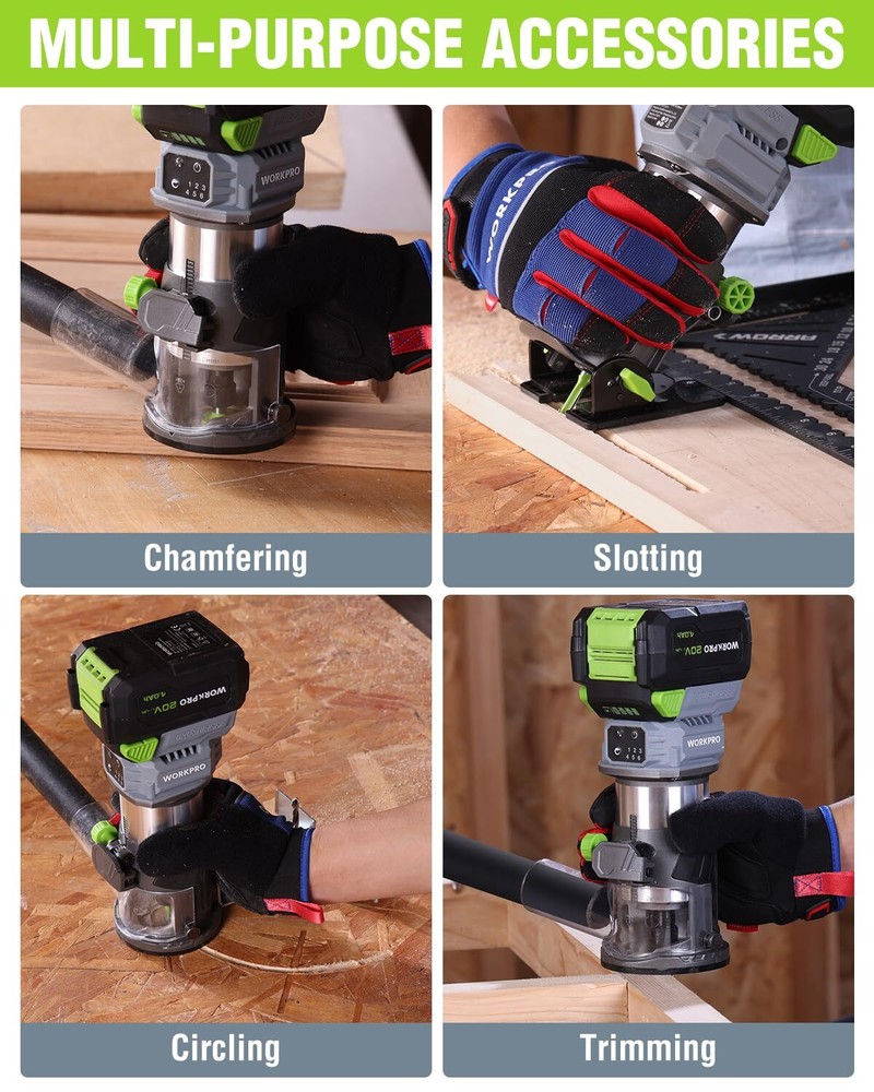 WORKPRO 20V Cordless Compact Router Tool 6 Speed Multi-Angle Adjustable Straight