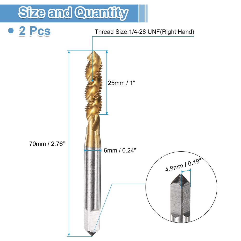 2pcs - Spiral Flute Thread Taps 1/4-28 UNF 2B Machine Threading Tap Bit Titanium