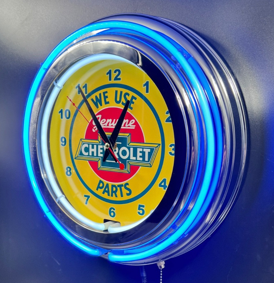 15" Genuine Chevrolet Parts Sign Double Blue Neon Clock Chevy