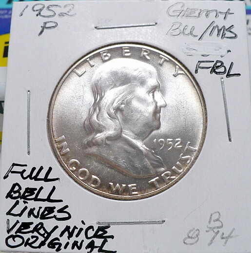 1952-P FRANKLIN HALF DOLLAR GEM+ FULL BELL LINES, NICE+ WHITE+ SHARP STRIKE B874