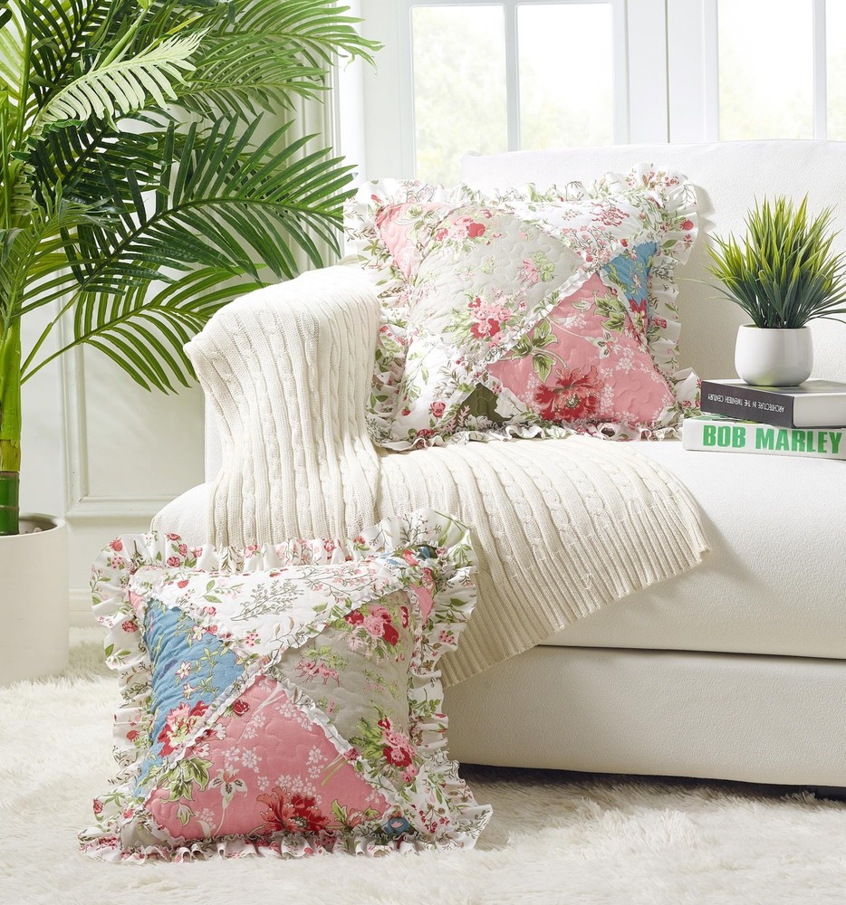 Multi Flowers Ruffle Pillowshams, Quilted Patchwork Decorative Pillow Covers ...