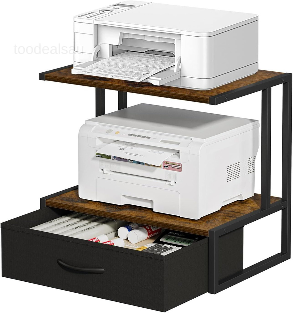 Printer Stand with Storage for Desk, Fabric Drawer Desktop Brown