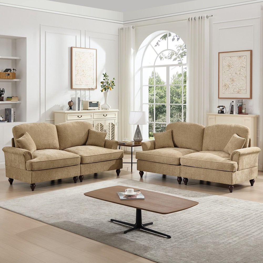 Modular 2-Piece Light Coffee Chenille Sofa Set w Flared Arms