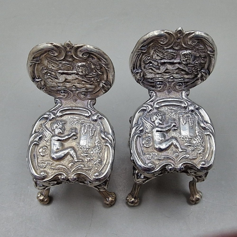 Vintage Solid Silver Miniature Dollhouse Table & Two Cherub Chairs