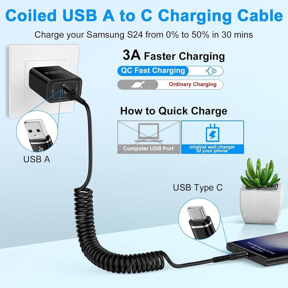 Coiled USB C Charger Cable 3ft for iPhone 17 Pro Max Air 16 Max,16...
