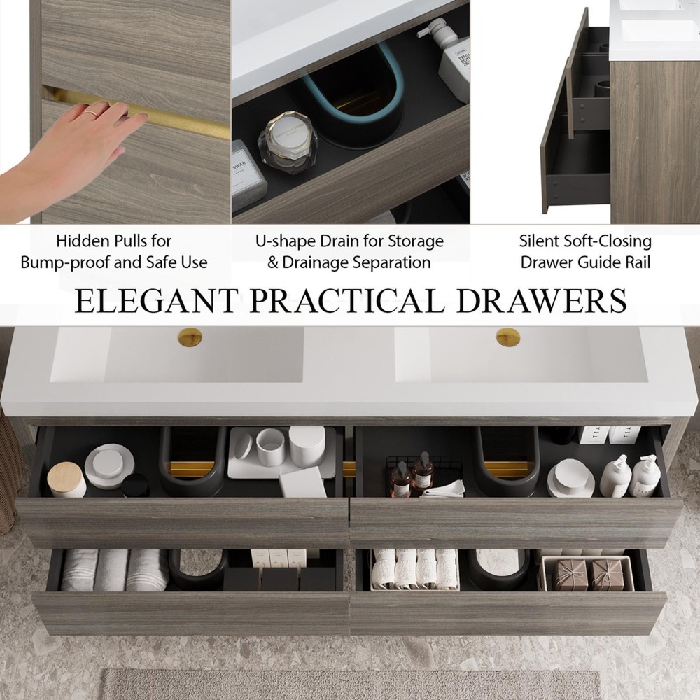 60" Wall-Mounted Bathroom Vanity with Double Sinks, Floating Bathroom Storage