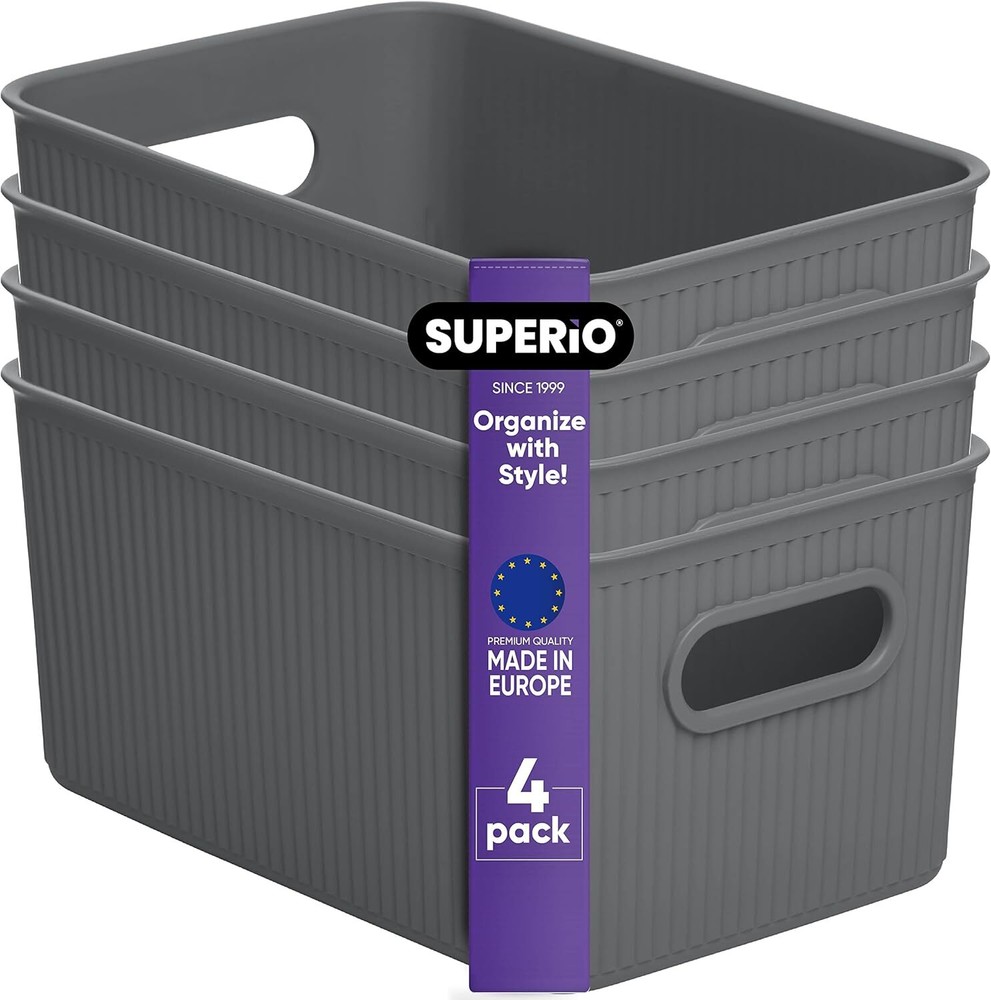 Superio 5L Small Ribbed Storage Bin- Plastic Storage Bin  (4 Pack, Grey)