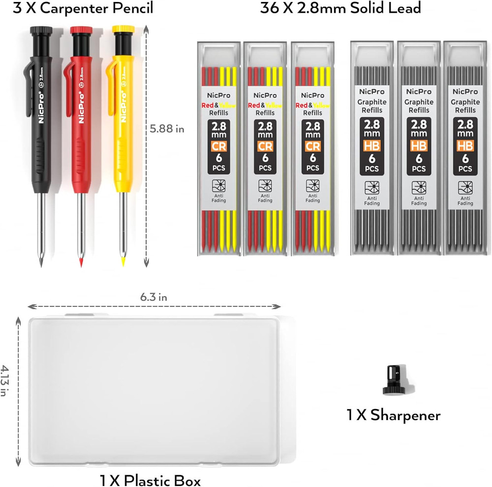 3 Pack Carpenter Pencil with Sharpener, Mechanical Carpenter Pencils with 39 ...