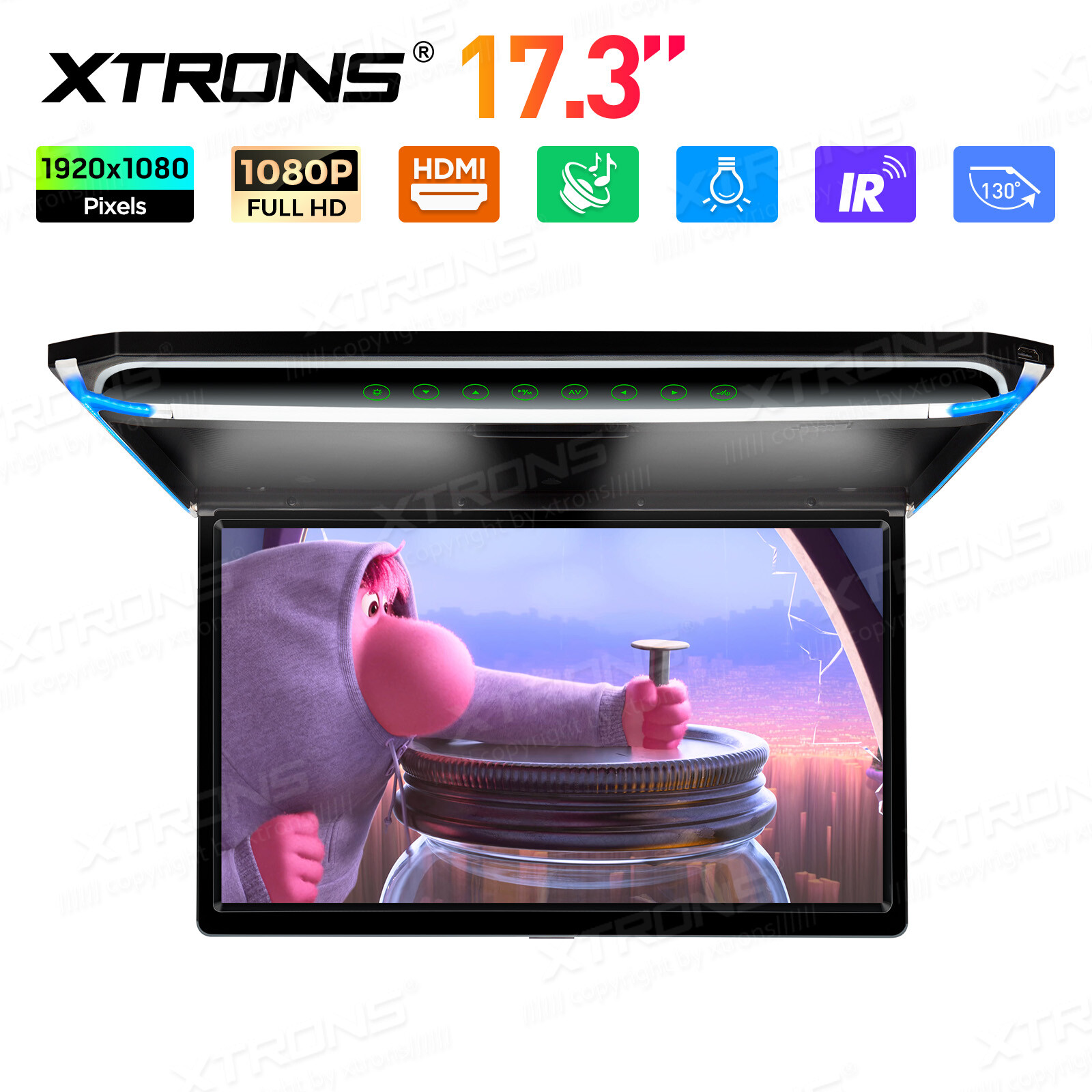 17.3" Car Overhead Ceiling Roof Mount Monitor Flip Down 1080P Video HDMI Player