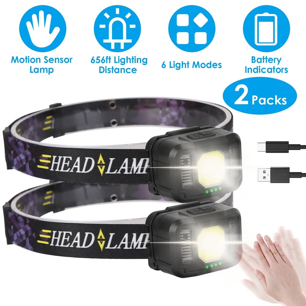 2x Rechargeable COB LED Head Lamp Flashlight Motion Sensor Headlamp 6 Light Mode
