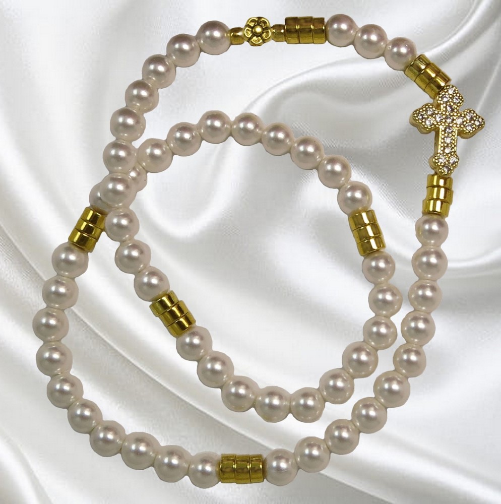 Handmade Catholic Rosary Bracelet, White Shell Pearls, Golden Hematite Beads