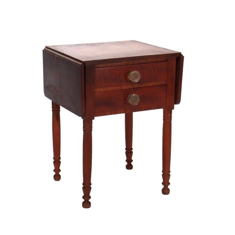 Antique Sheraton Cherry & Tiger Maple Two Drawer Drop Leaf Table C1840