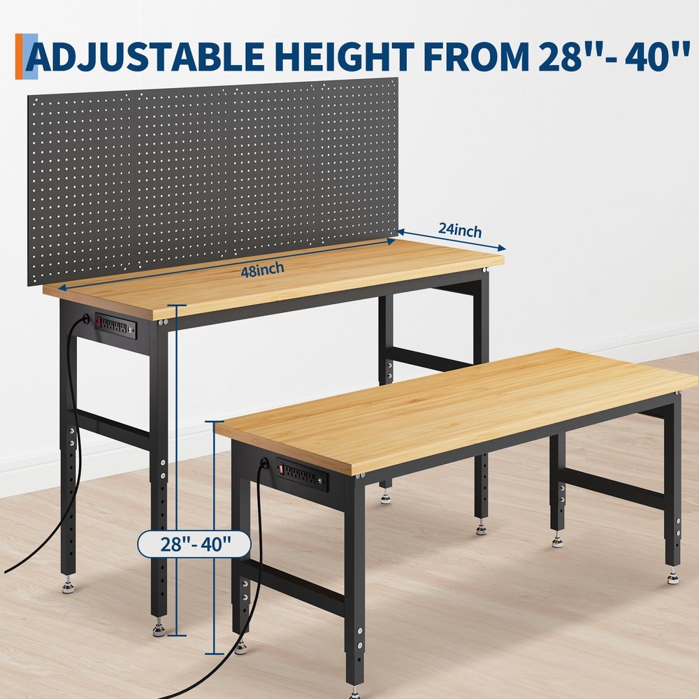 48" Garage Workbench with Pegboard Wall 2000lbs Table 28-40" Adjustable Height